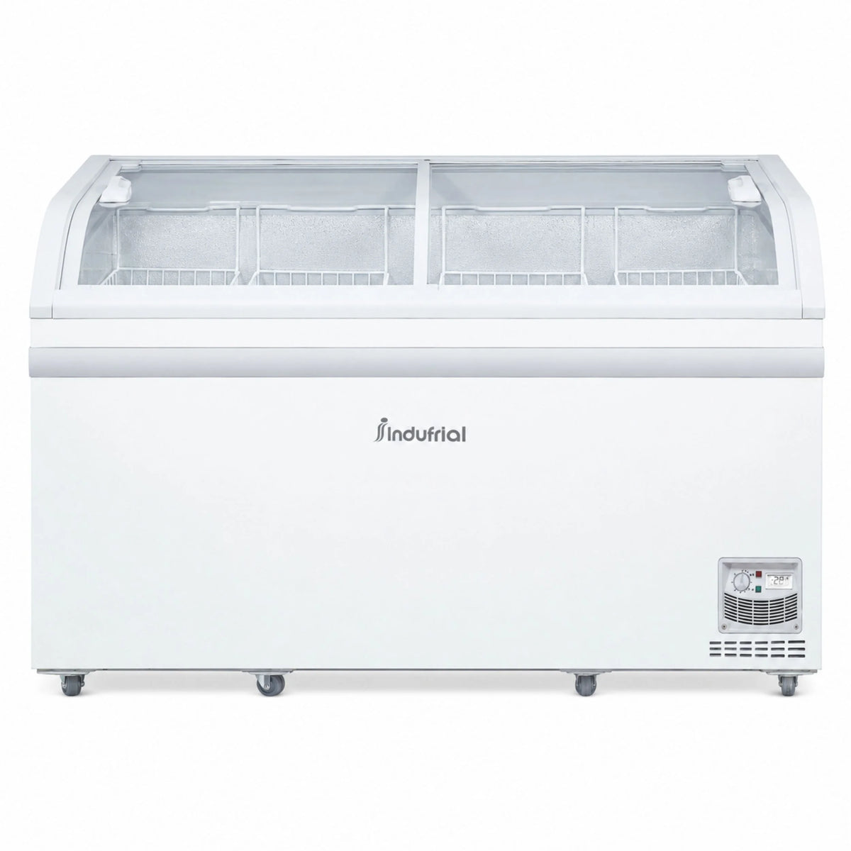 Vista frontal del congelador horizontal dual Indufrial ICV-500 de 500 litros, con puertas deslizables y control manual.