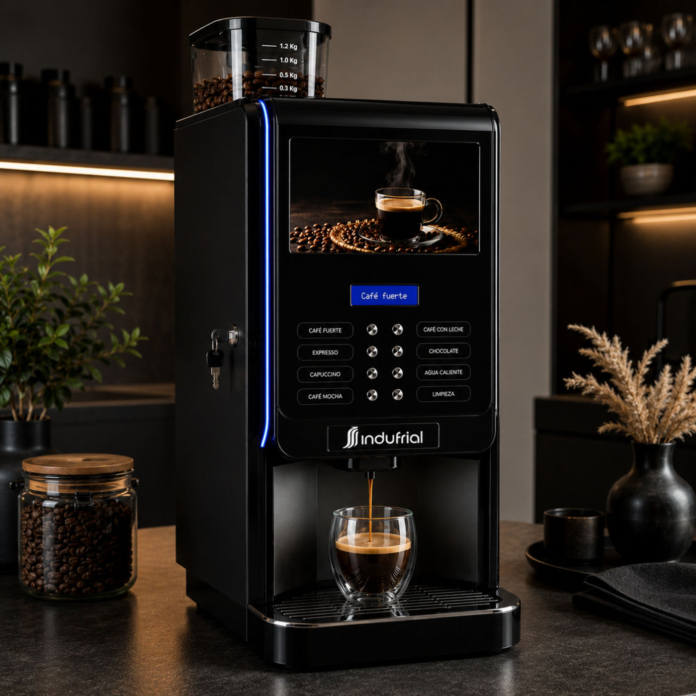 Máquina de café Golden Paris E2S preparando espresso en un espacio comercial con tolva de café en grano.