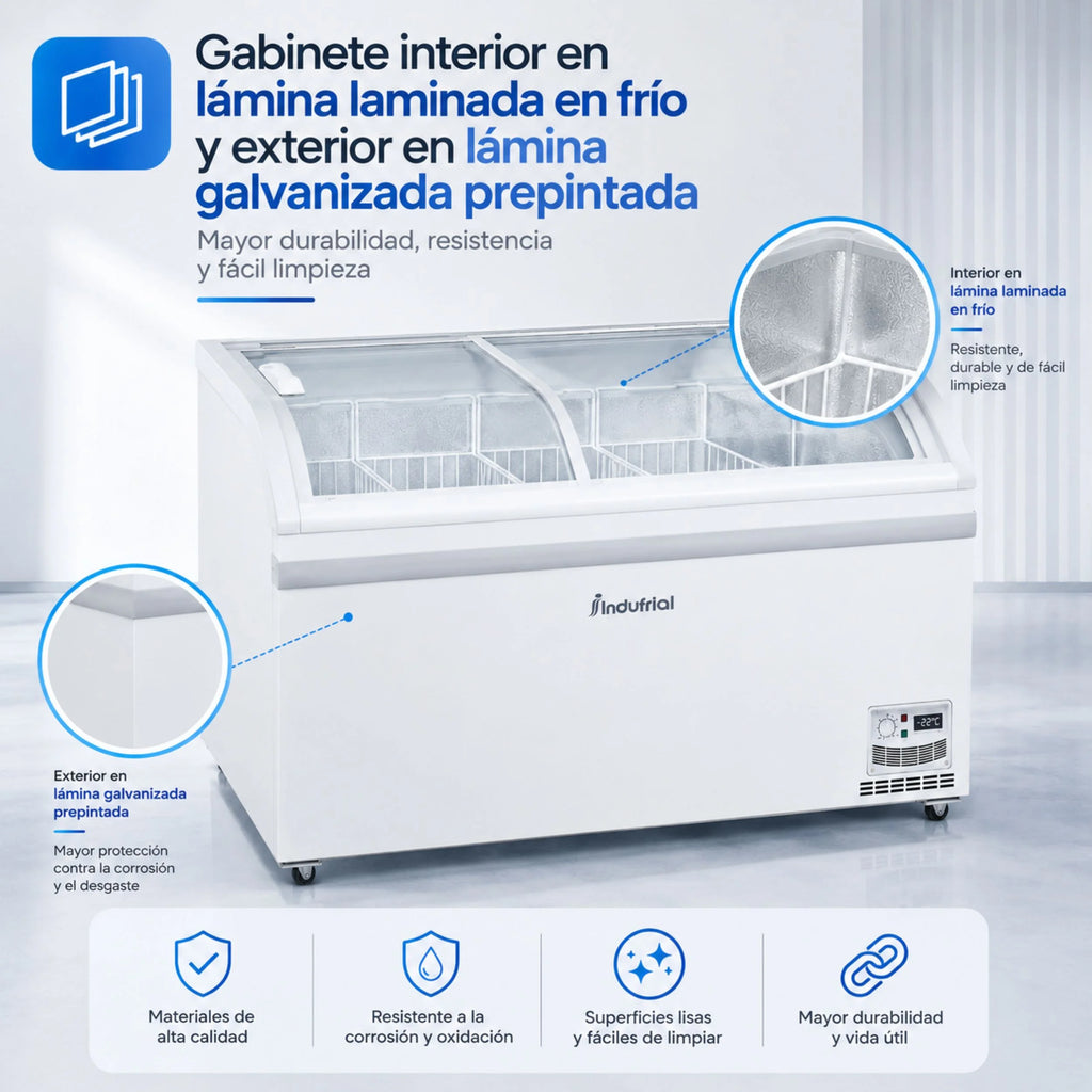 Congelador Indufrial ICV-500 con gabinete interior en lámina laminada en frío y exterior en lámina galvanizada prepintada.