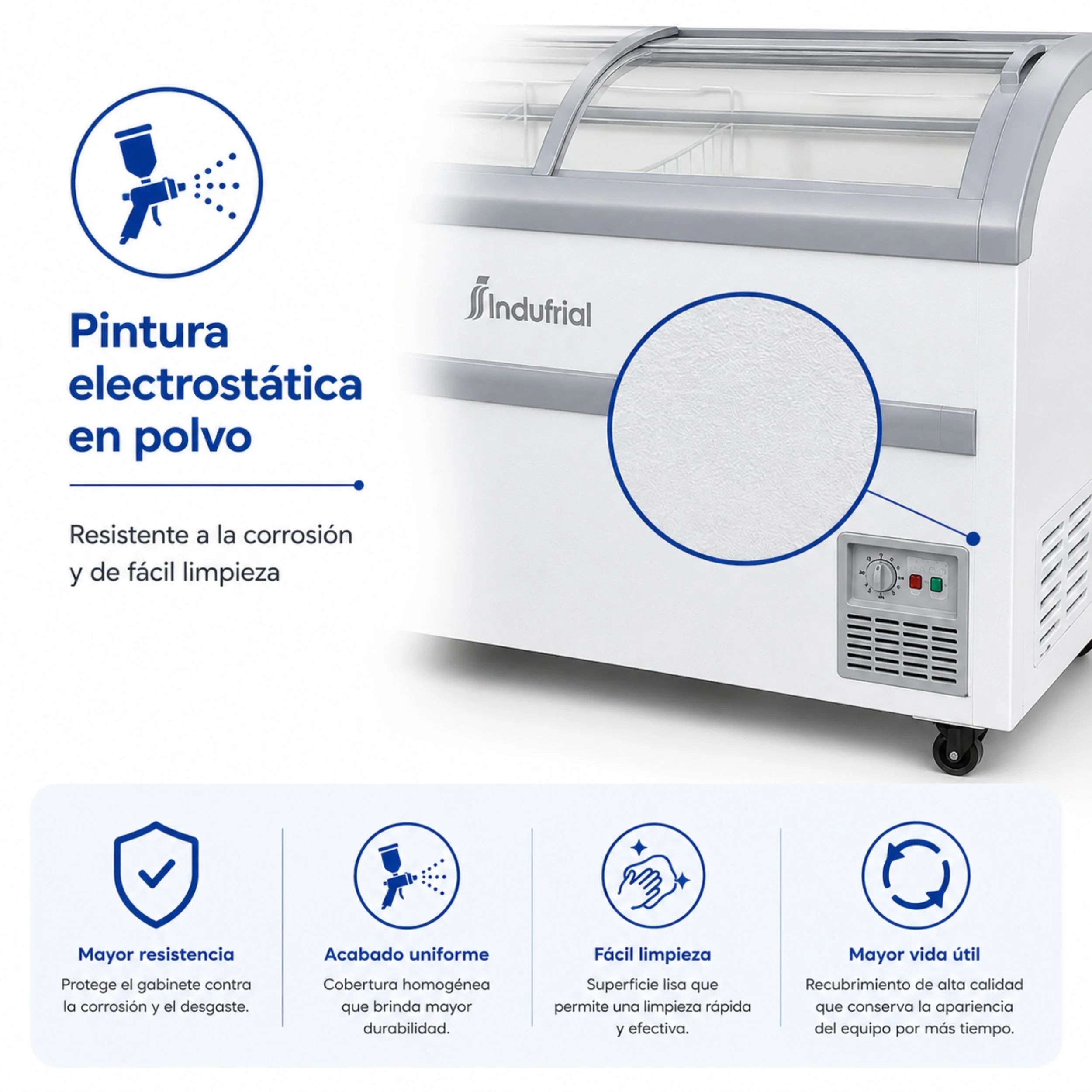 Vista frontal del congelador horizontal dual Indufrial ICV-700 de 700 litros, con ruedas y control electromecánico.
