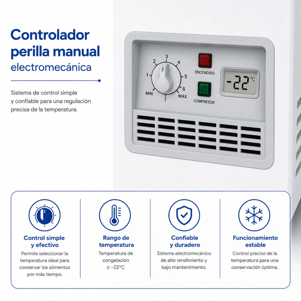 Vista lateral del congelador horizontal Indufrial ICV-700 de 700 litros con gabinete blanco y ruedas.