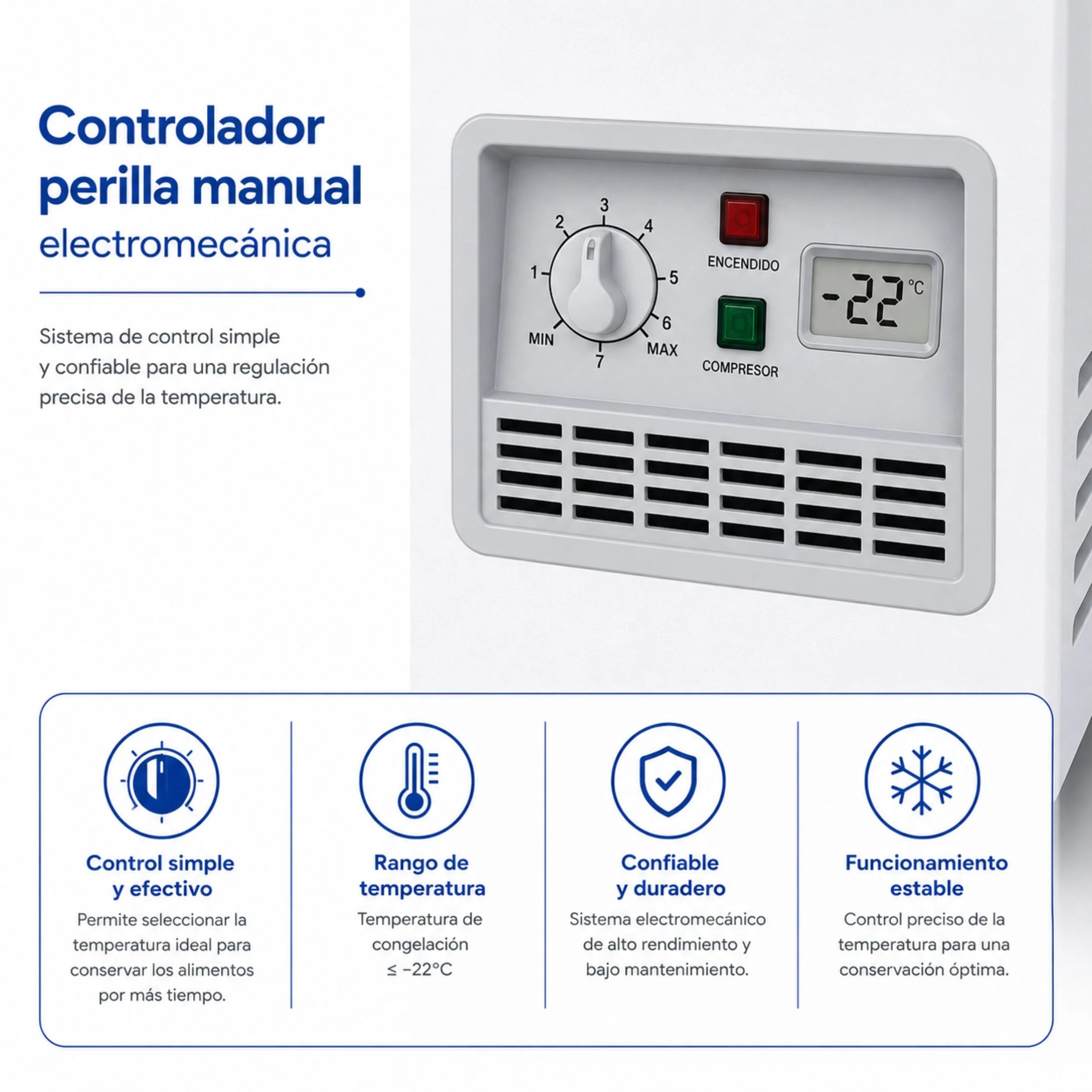 Vista lateral del congelador horizontal Indufrial ICV-700 de 700 litros con gabinete blanco y ruedas.