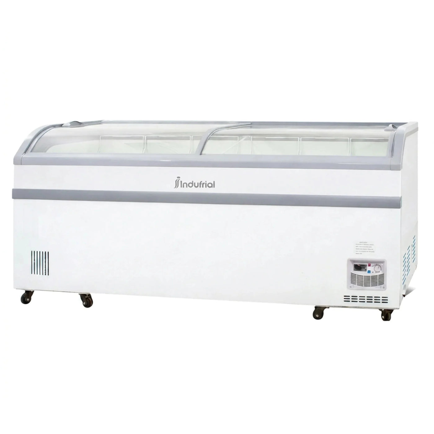 Congelador horizontal dual Indufrial ICV-700 de 700 litros, vista superior con seis canastillas y puertas semicurvas corredizas.