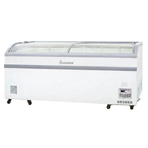 Congelador horizontal dual Indufrial ICV-700 de 700 litros, vista superior con seis canastillas y puertas semicurvas corredizas.
