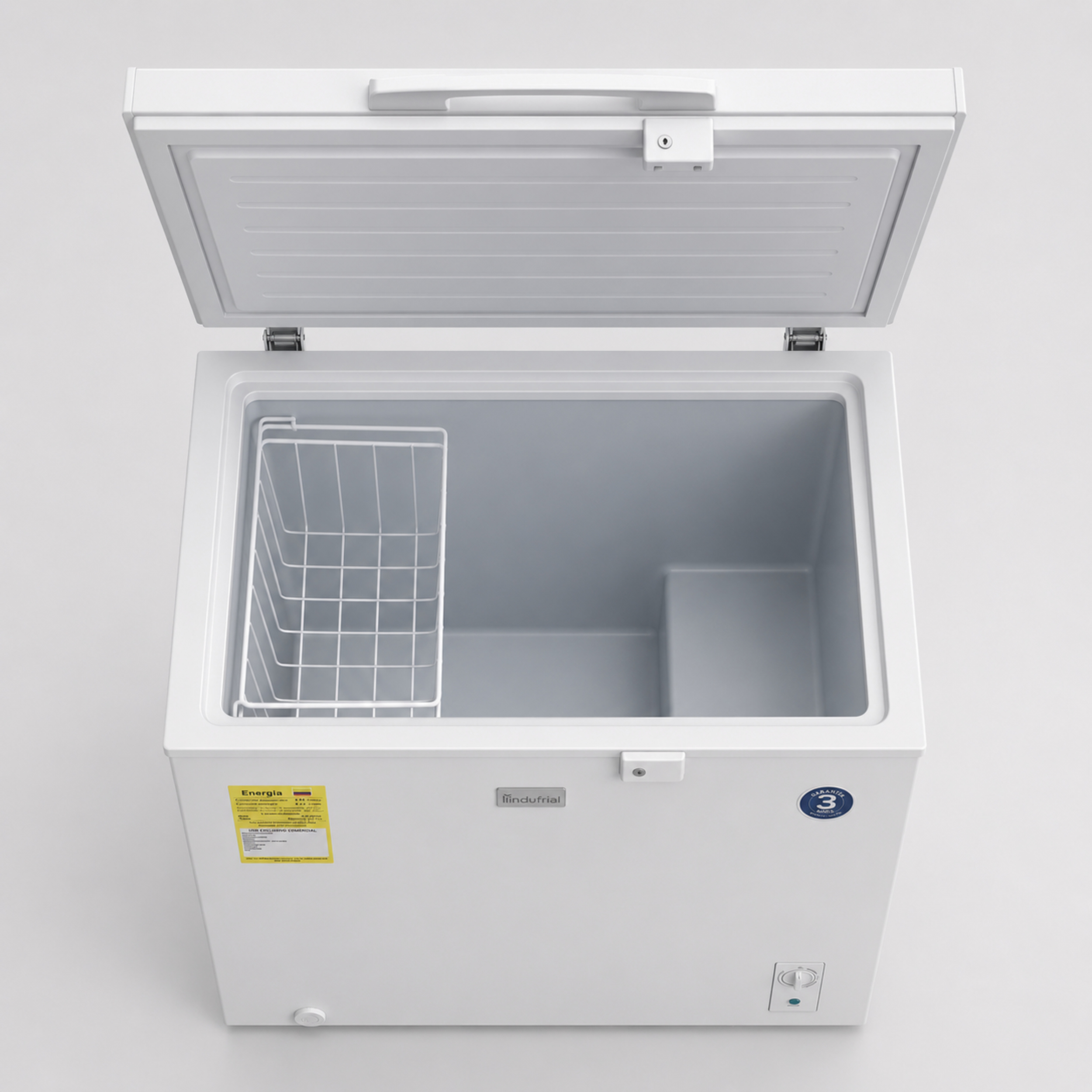 Congelador horizontal Indufrial ICC-210 ECO con la tapa abierta, visto desde arriba