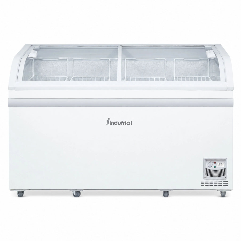 Vista frontal del congelador horizontal dual Indufrial ICV-500 de 500 litros, con puertas deslizables y control manual.