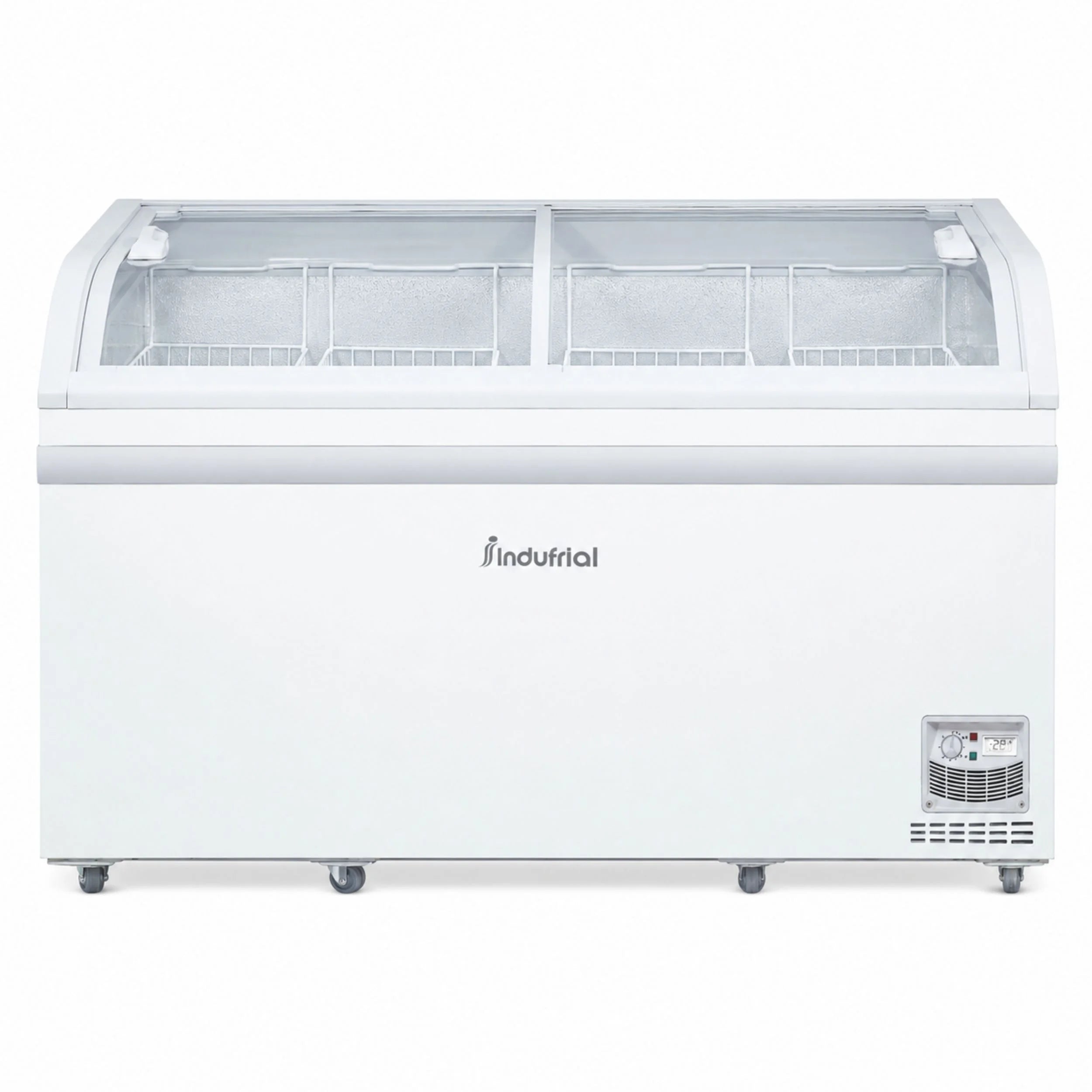Vista frontal del congelador horizontal dual Indufrial ICV-500 de 500 litros, con puertas deslizables y control manual.