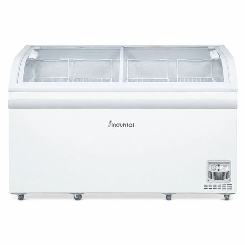 Vista frontal del congelador horizontal dual Indufrial ICV-500 de 500 litros, con puertas deslizables y control manual.