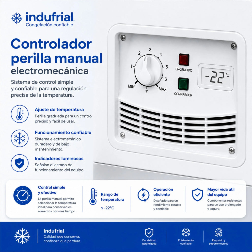 Controlador electromecánico manual del congelador Indufrial ICV-500 con perilla graduada, indicadores luminosos y pantalla de temperatura.