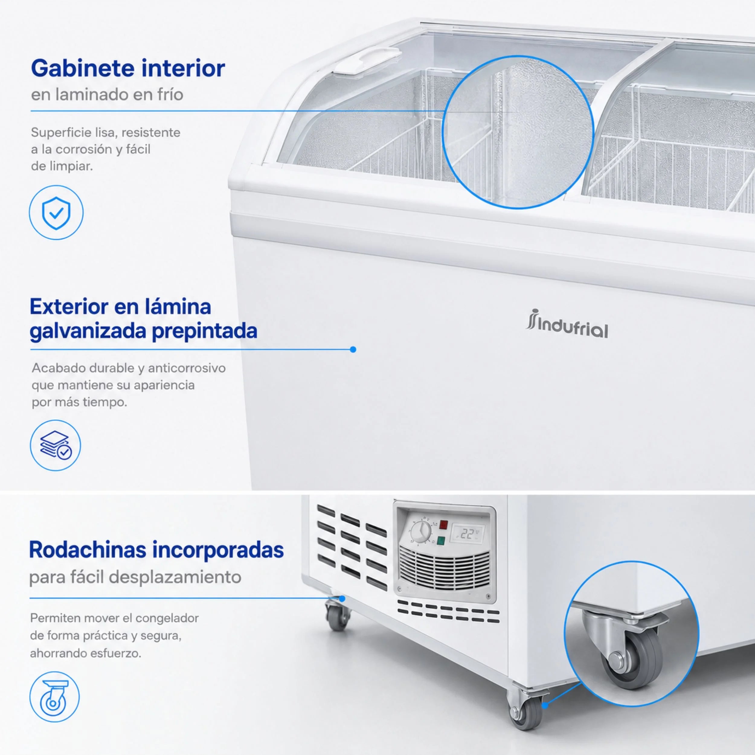 Detalles del gabinete interior, exterior galvanizado y rodachinas del congelador horizontal Indufrial ICV-500.