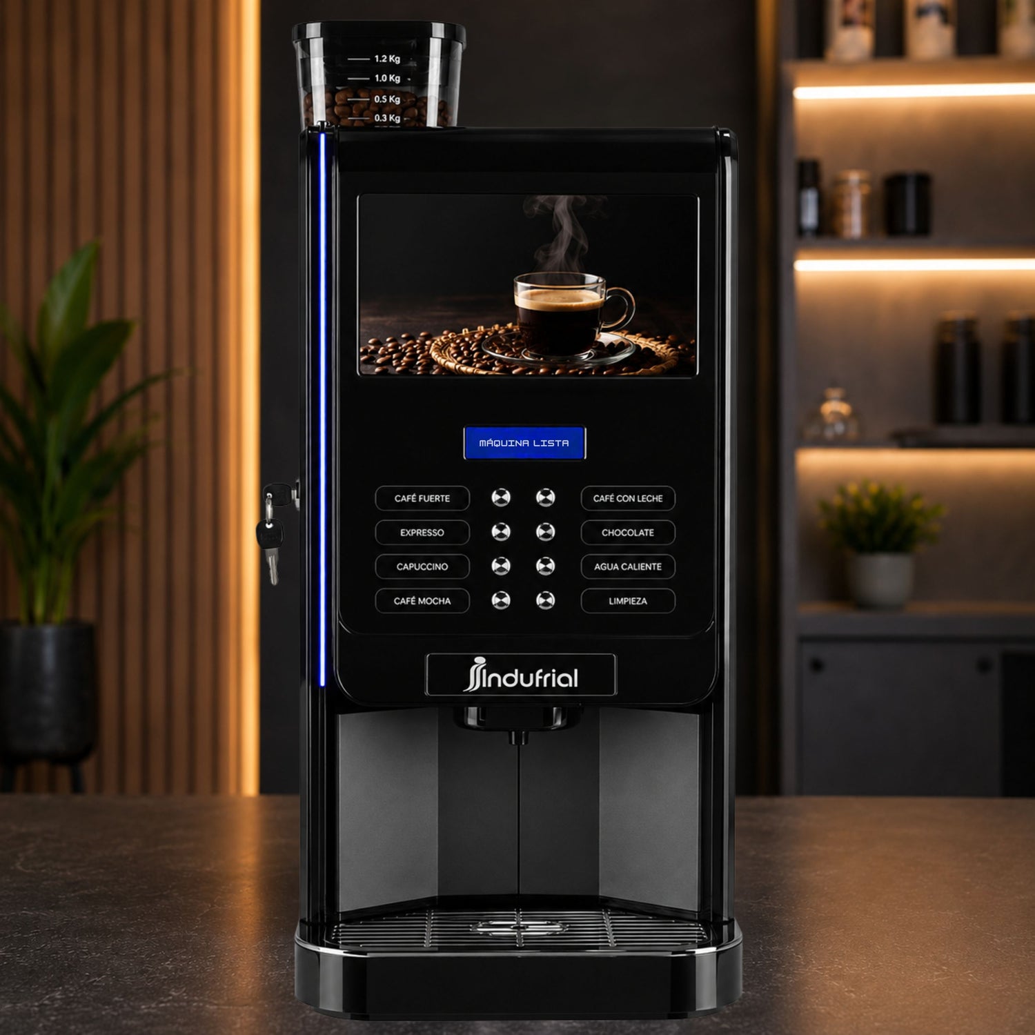 Cafetera comercial Golden Paris E2S instalada en oficina, cafetería u hotel con pantalla multimedia y panel frontal.