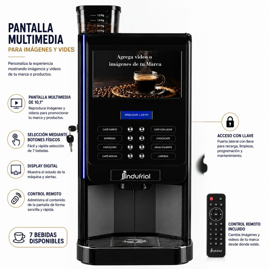 Pantalla multimedia y control remoto de la máquina de café Golden Paris E2S para mostrar imágenes y videos de marca.
