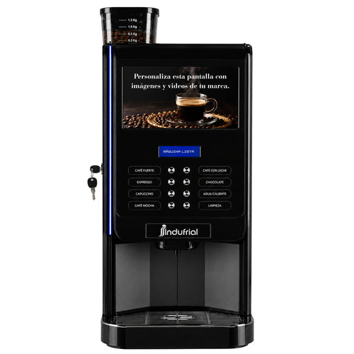 Máquina de café comercial Golden Paris E2S vista frontal con pantalla multimedia de 10,1 pulgadas, botones físicos y logo Indufrial.