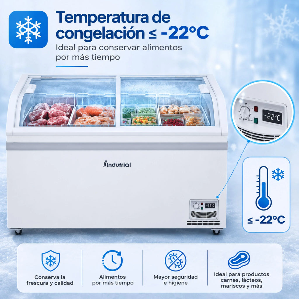 Congelador horizontal Indufrial ICV-500 con temperatura de congelación de hasta −22 °C y alimentos organizados en canastillas.